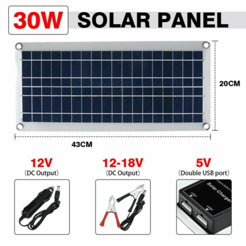 30W 12V Dual USB Flexible Solar Panel Kit Crocodile Clip Outdoor Car Charger Power Battery Charge | Электроника