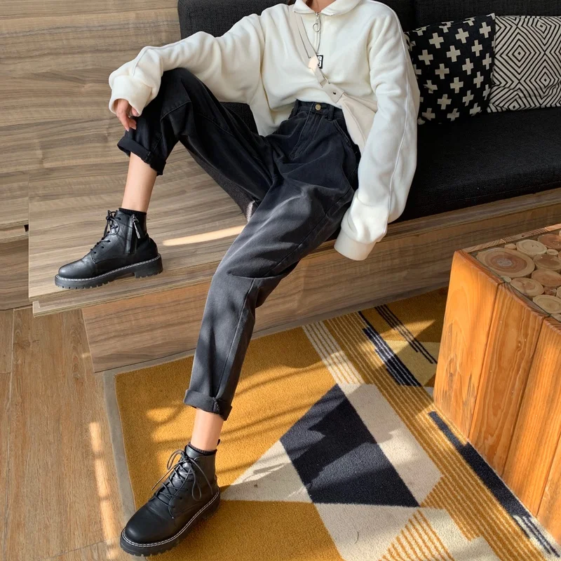 

Jeans Women Black Straight High-waist Full-length Korean Retro All-match Loose Denim Trousers Autumn Fashion Ulzzang Casual Tees
