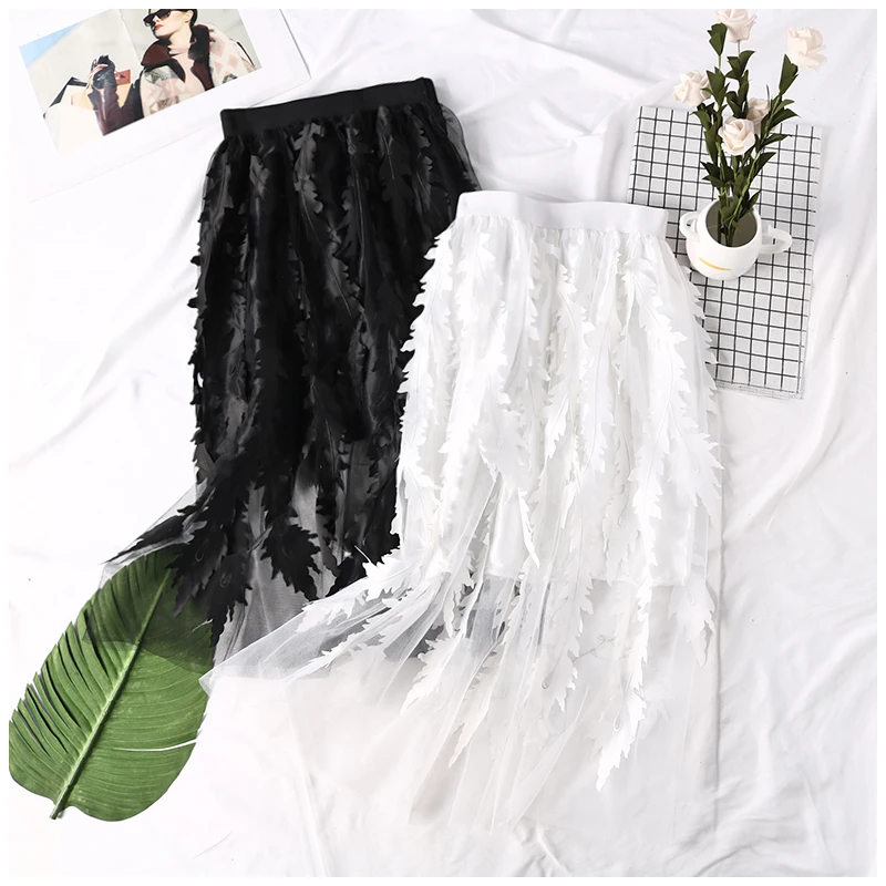 

SETWIGG Spring Novelty 3D Leaf Appliqued A-line Gauze Long Skirts Stretch Waist Perspective Gauze Embroidery Calf Long Skirt