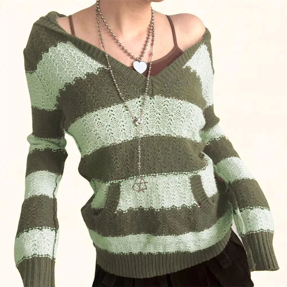 

Ladies Hooded Knit Sweater Striped Pocket Casual Loose Top V-neck Knitted Jacket Fall/Winter Retro Thinning X3T0