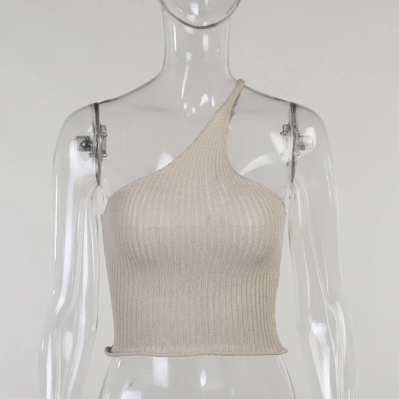 

2021 Summer Knitted Crop Top One Shoulder Y2K Sexy Tank Tops Women Clothing Beach Vaction Sleeveless Backless Cami Mini Vest