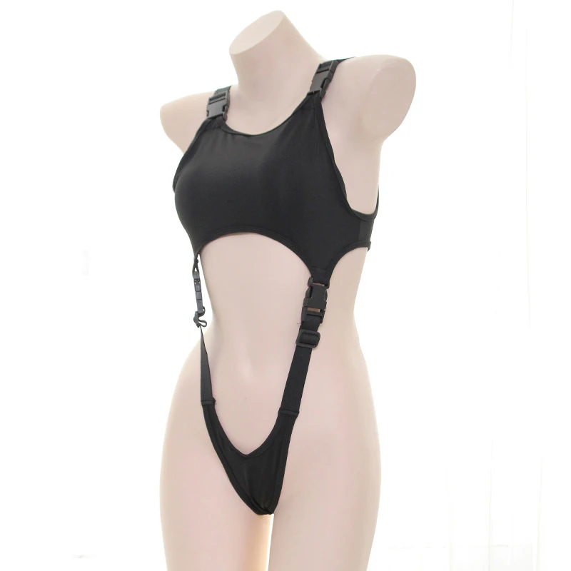 Комбинезон женский черный с пряжкой вырезами в стиле аниме для косплея