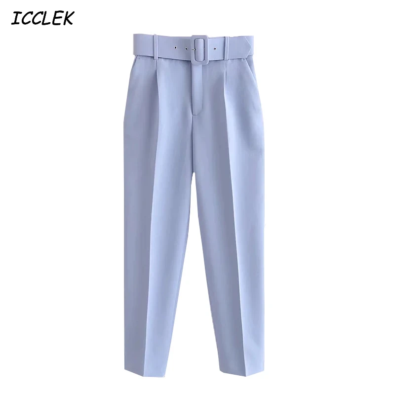 

Za Women Pants Blue Harem Pant With Belt Office Ladies Suits Mujer Pockets Straight Trousers High Waist Pink Formal Workwear TRF