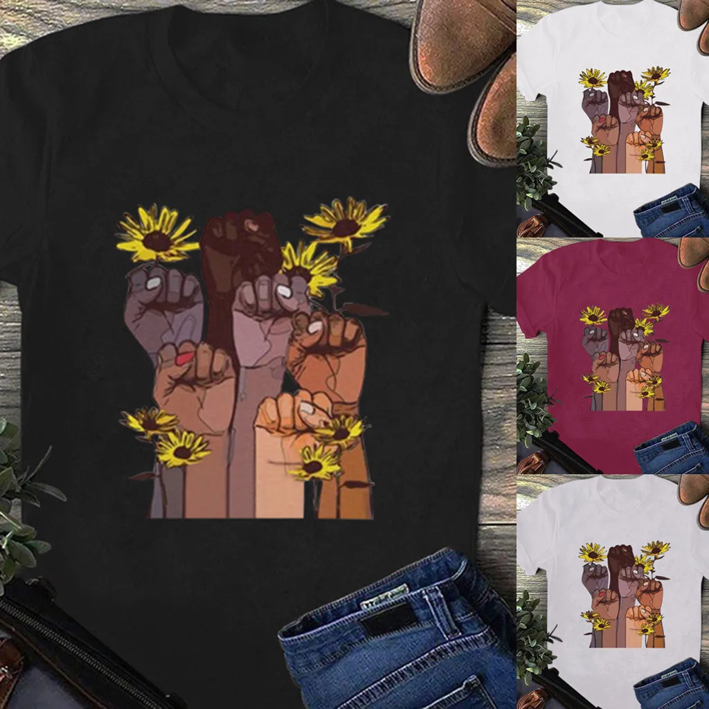 

Summer Simple Cool Tshirt O-Neck Funny Cartoon Fist Flower Print Short Sleeve Tees Women Comfy T-shirt Pullover Top Clothes 2020