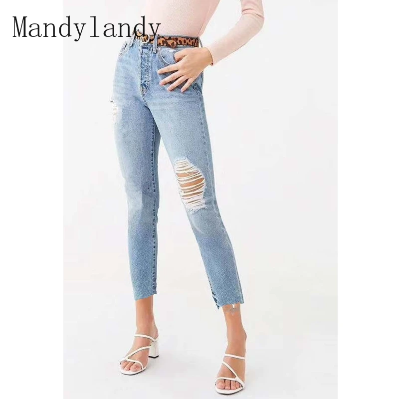 

Mandylandy Jeans Women's Casual Denim Calf-Length Pants Summer Hole Ripped Solid Color Slim High Waist Denim Straight-Leg Pants