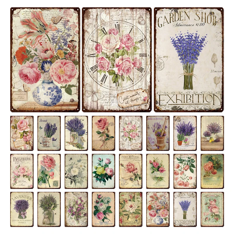 

Fresh Rose Lavender Flowers Plate Sign Metal Wall Art Poster Vintage Home Shabby Tin Sign Women Cave Bedroom Wall Plaques Decor