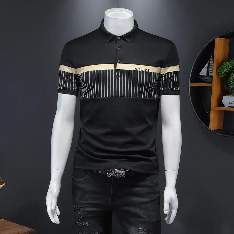 

Summer Polo shirt Fashion Center Split Stripe Style Short-Sleeved Viscose Polo Shirt with Turn-Down Collar Vip quality men Top