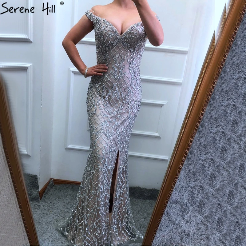 Серебристые Роскошные вечерние платья русалки с открытыми плечами 2021 модные