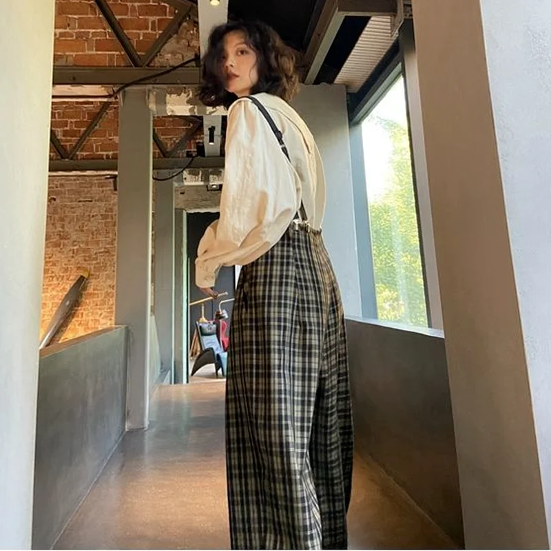 Повседневные брюки женские клетчатые Универсальные Длинные ретро-комбинезоны в