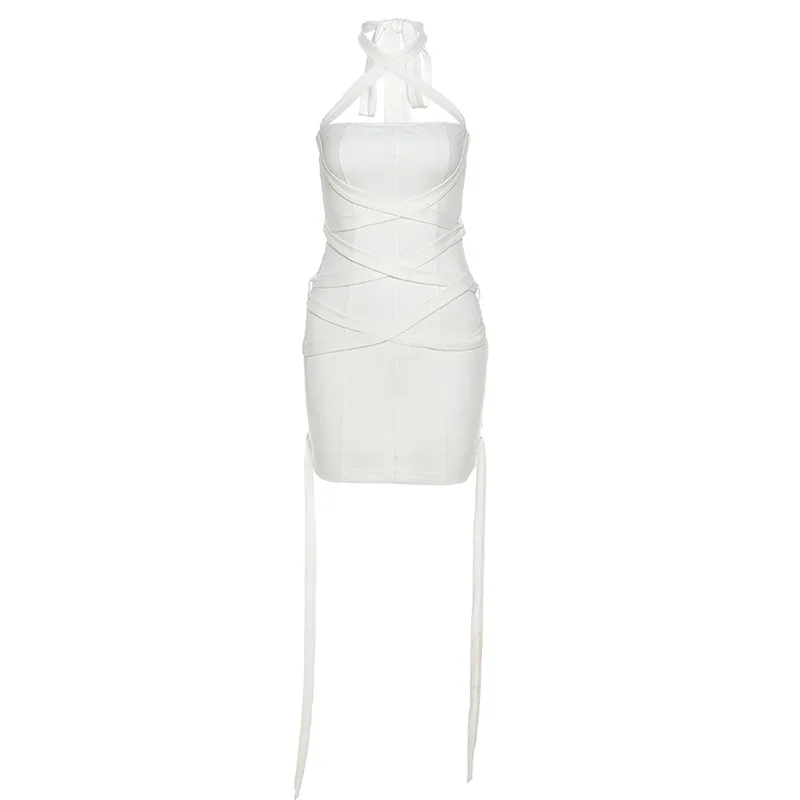 

European and American style spring and summer new women's solid color slim high waist bag hip strap hanging neck dress women
