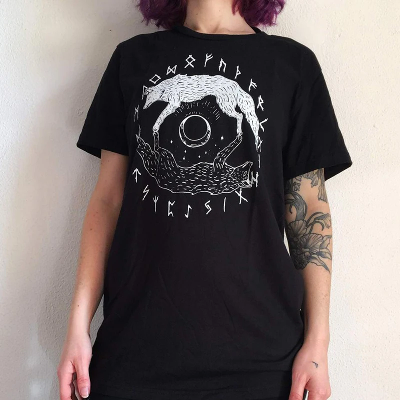 Viking Wolves 100% Cotton T-shirt Aesthetic Wildlife Lover Gift Tshirt Women Hipster Stars Moon Nature Top Tee Shirt