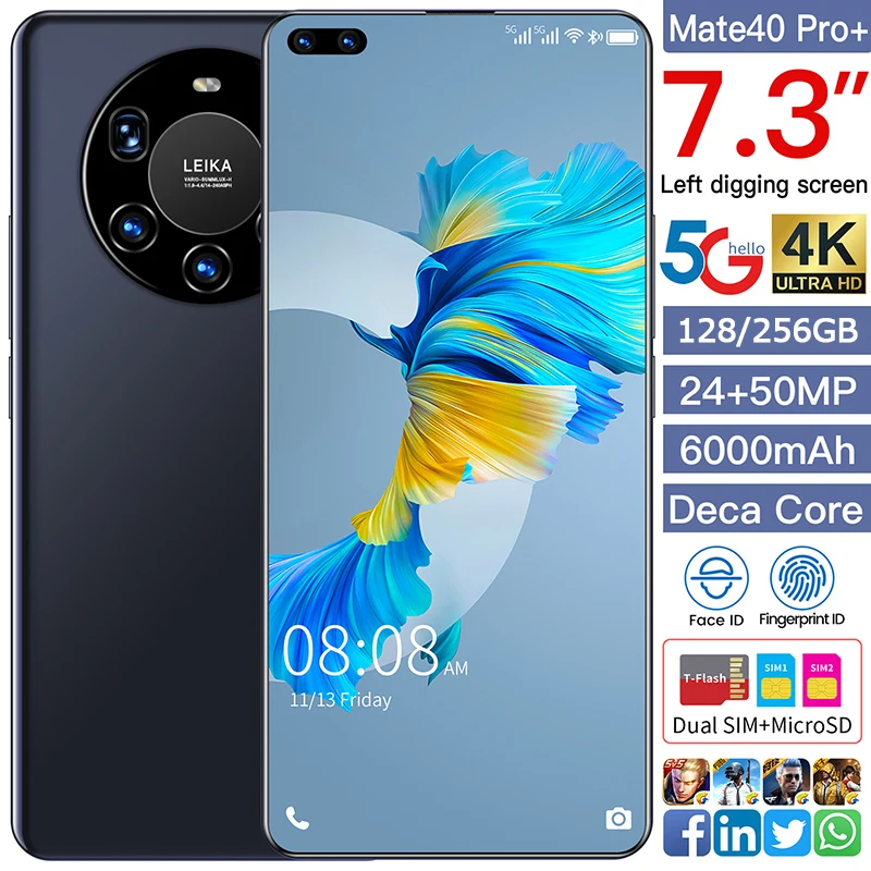 

New Arrival 7.3 Inch Full Screen Mate40 Pro+ 5G Smartphone 8+256GB 6000MAH Dual SIM Android10 Deca Core Face ID MTK6889 24+50MP