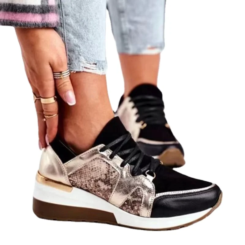 

Women Vulcanize Sneakers Shoes Ladies Sport Casual Shoes Female Comfort Breathable Chunky Wedge Mixed Color Lace-Up Footwear