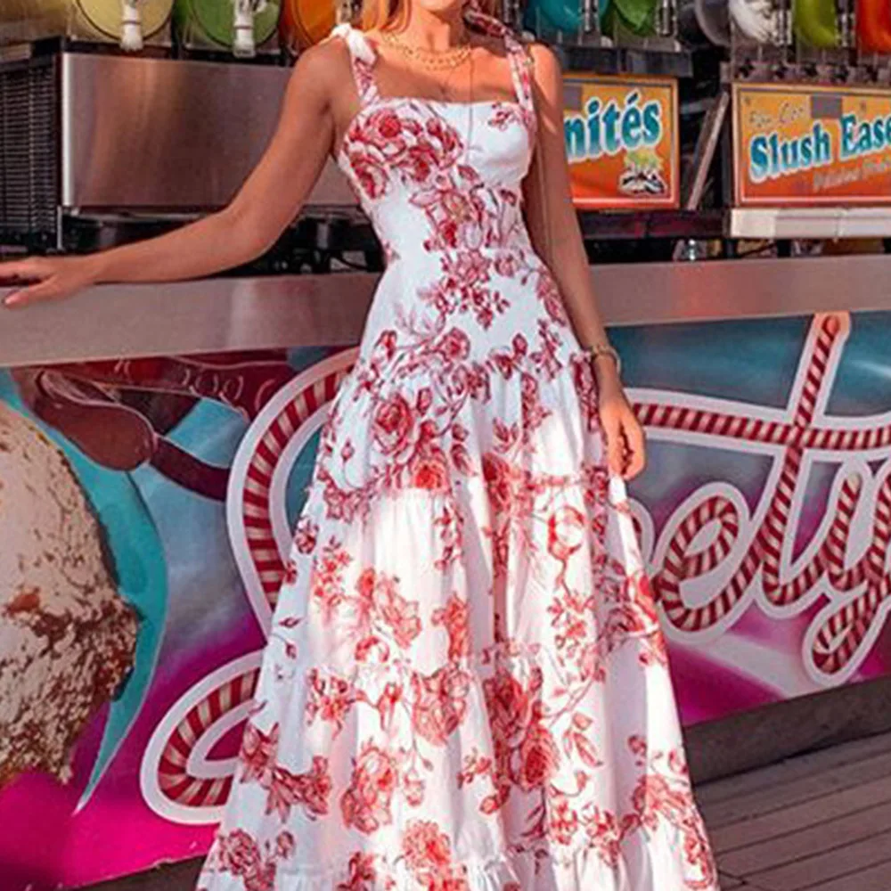 

Dress 2021 New Style A-Line Sexy Sleeveless Sling Print Fashion Long Dress Spaghetti Strap Pullover Mid Waist Floral