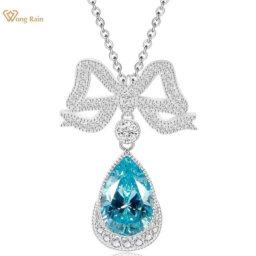

Wong Rain 100% 925 Sterling Silver Pear Cut Aquamarine Created Moissanite Wedding Party Bowknot Pendant Necklace Fine Jewelry
