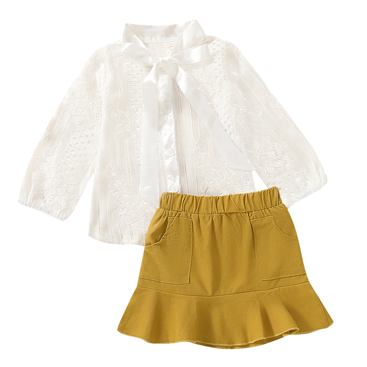 

2pcs/set Kids Girl hollow Lace yellow ruffled Shirt Top + Mini Skirt Clothes Outfits Suit baby girl clothes 18M-6T girl dress