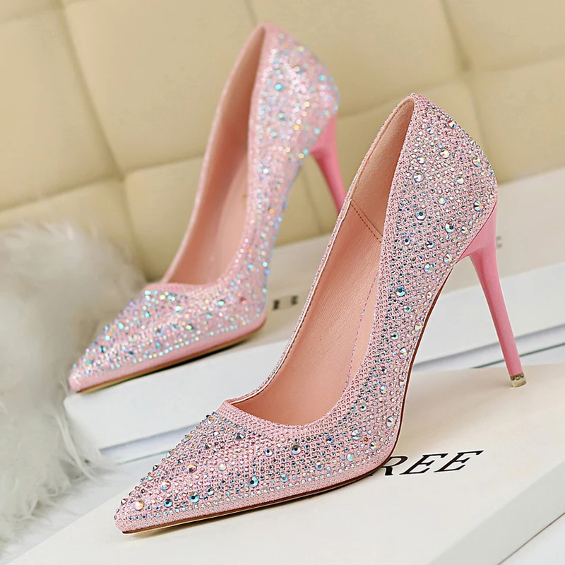 

2021 Women Pumps Glitter Crystal High Heels For Women Shoes Gold Black Elegant Wedding Chaussures Femme Stiletto A887