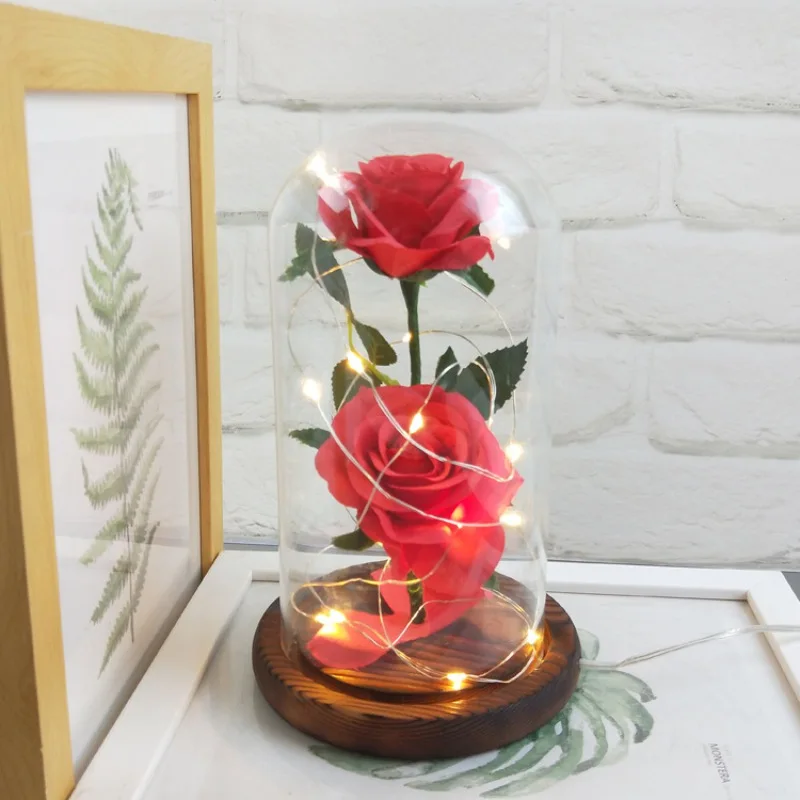 

LED Rose Lamp Artificial Silk Rose Flowers in a Glass Dome USB Powered Forever Rose Mother's Day Valentine's Day Gift Home Decor