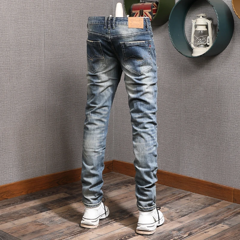 European Vintage Fashion Men Jeans Retro Blue Elastic Slim Fit Ripped Jeans Men Distressed Designer Casual Destroyed Denim Pants