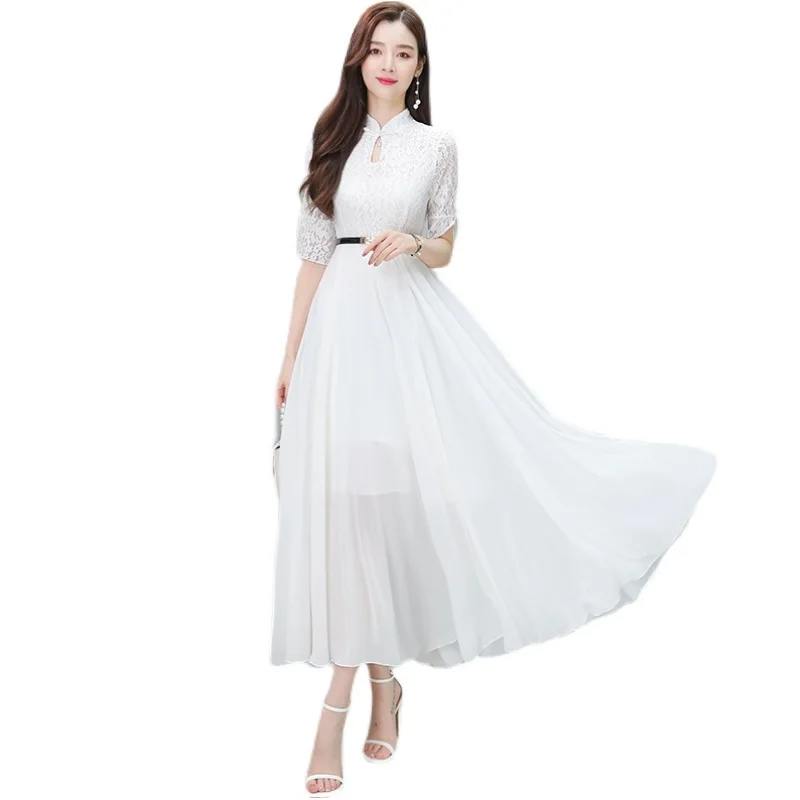 

Summer Chic Vintage Boho Dress Women 2021 Short Sleeve Elegant Bodycon Midi Long Lace Dress Plus Size White Party Dress Vestidos