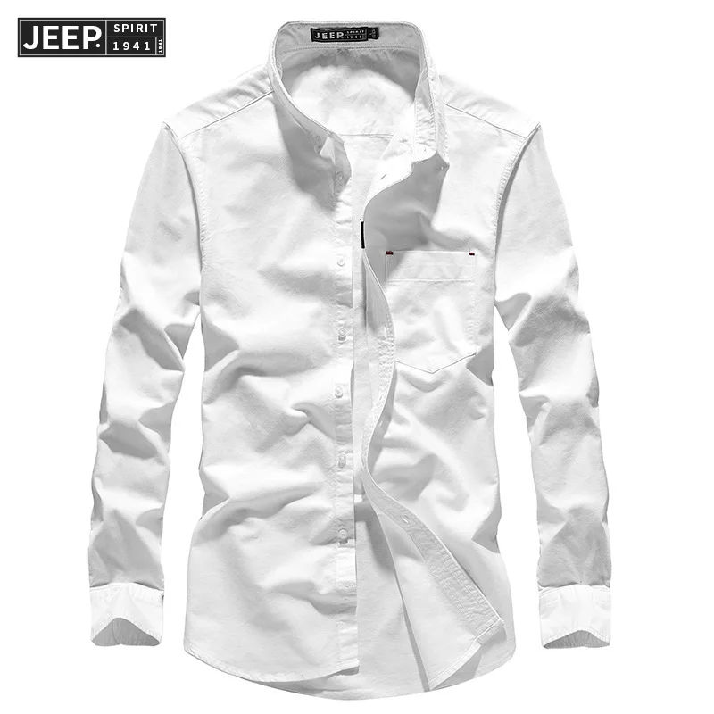 Бренд JEEP SPIRIT, осенняя мужская рубашка, Повседневная, с длинным рукавом, чистый хлопок, мужские рубашки, сплошной цвет, отложной воротник, M-4XL, мужская рубашка