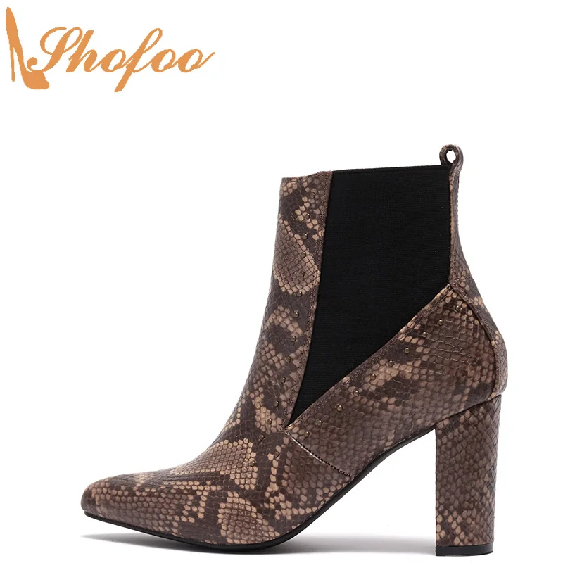 

Taupe Snake Print Ankle Boots Woman High Chunky Heels Pointed Toe Booties Slip On Laege Size 14 15 Ladies Mature Shoes Shofoo