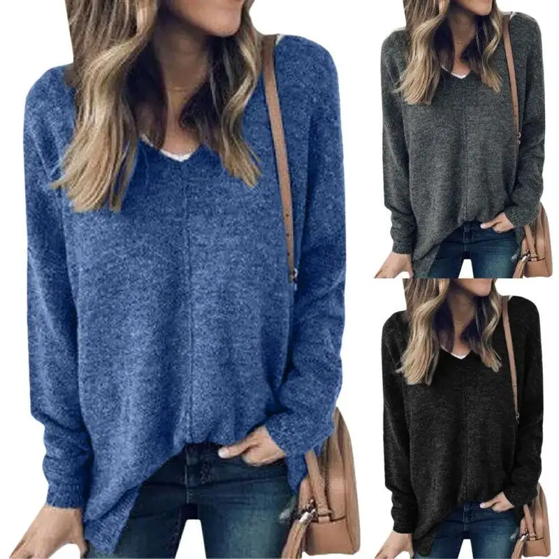

Autumn Women Knitted Top Cotton Blended Pullovers Solid V Neck Jumpers Long Sleeve Knitted Tops Ladies Casual Loose Shirts