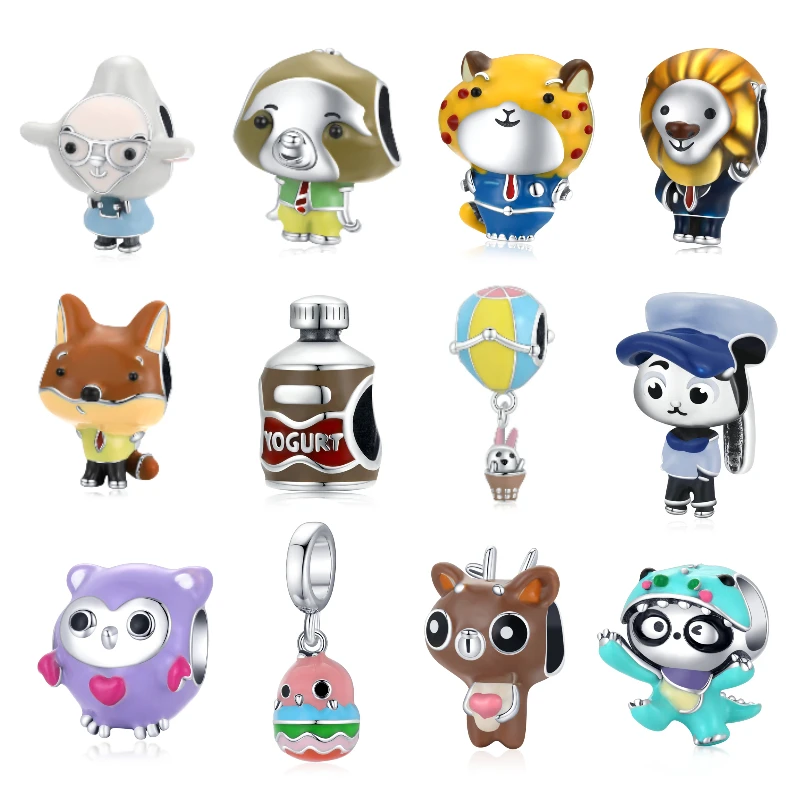 

BISAER 925 Sterling Silver Zootopia Happy Animal Series Enamel Lion Fox Lamb Charms Bead For Women DIY Jewelry Making ECC1961