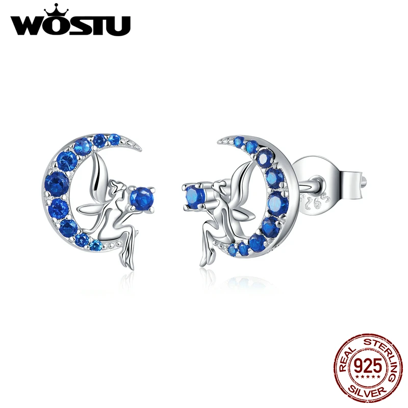 Серьги-гвоздики WOSTU Стерлинговое Серебро 925 пробы Голубой цирконий фея с Луной