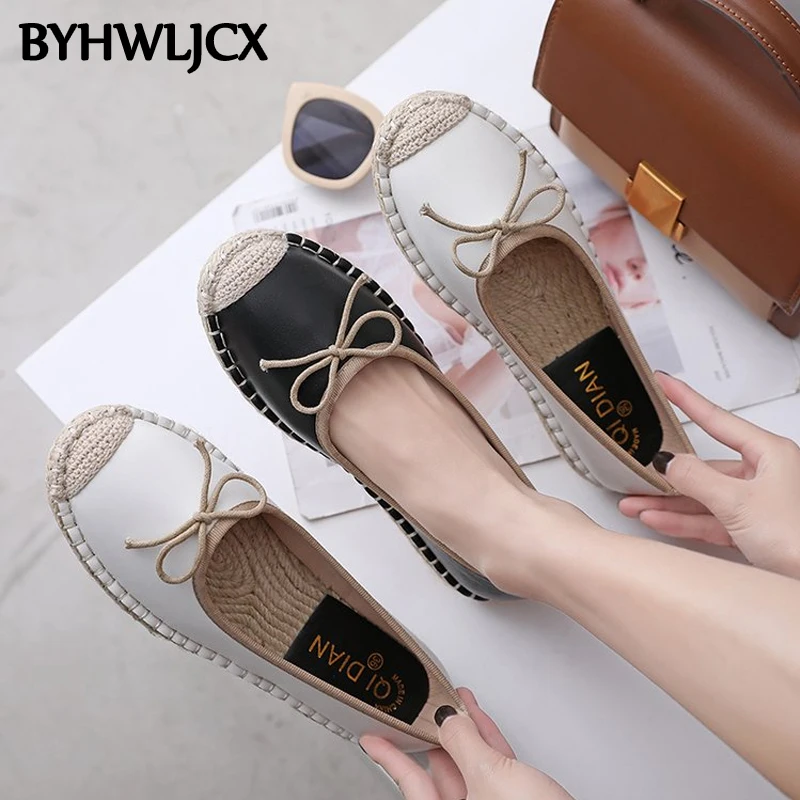 2019 г. Весенние женские туфли на плоской подошве с бантиком-бабочкой льняная