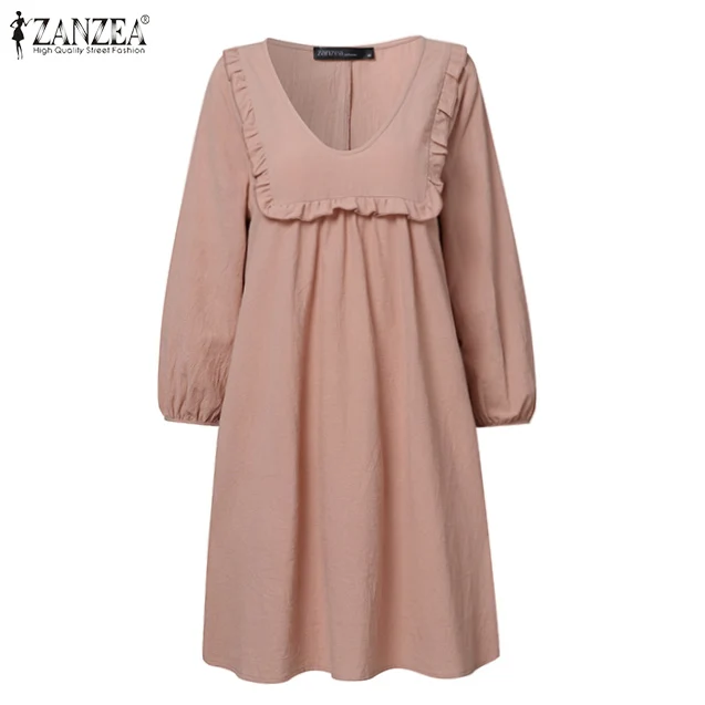 

Women's Casual Cute Dresses ZANZEA V Neck Ruffle Vestido Female Solid Robe Femme Party Sundress Summer Sexy Mini Dress Plus Size