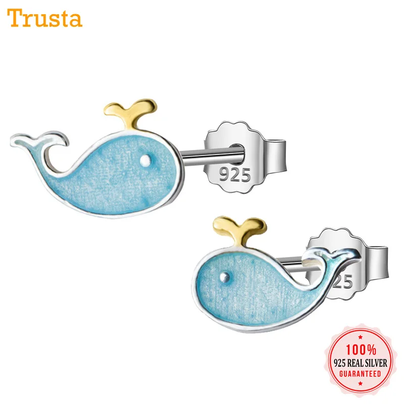 Trusta 925 пробы серебряные женские модные синие симметричные серьги 9 мм X 6 мм в виде Кита подарок для девочек подарок для дочери DS234