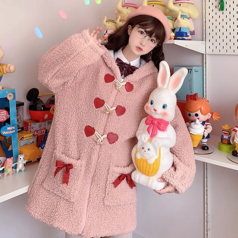 Japanese Winter Sweet Women Coat Soft Girl Kawaii Bear Ear Hooded Cute Horn Button Bow Lambswool Pink Lolita Woolen Outerweat