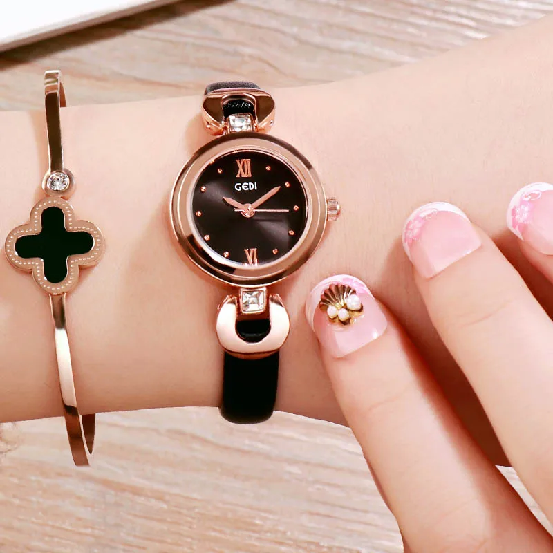 Relogio Feminino GEDI 8 мм ультратонкие женские кварцевые часы Лакшери модные часы Montre Femme женские элегантные часы браслет подарок - Цвет: Black