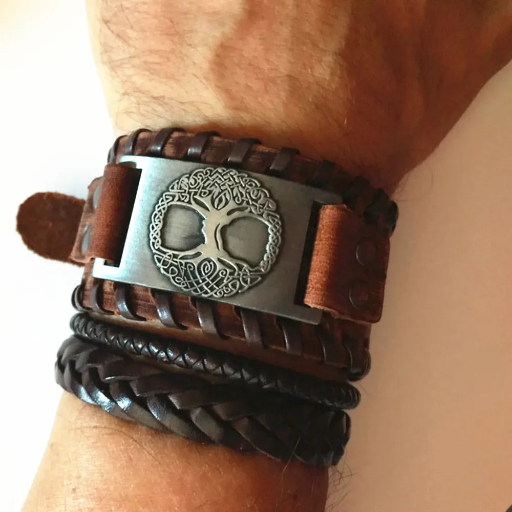 Skyrim Viking Tree of Life Vintage Wrap Wicca Metal Leather Bracelet Amulet Adjustable Cuff Bracelet Vintage Jewelry Men