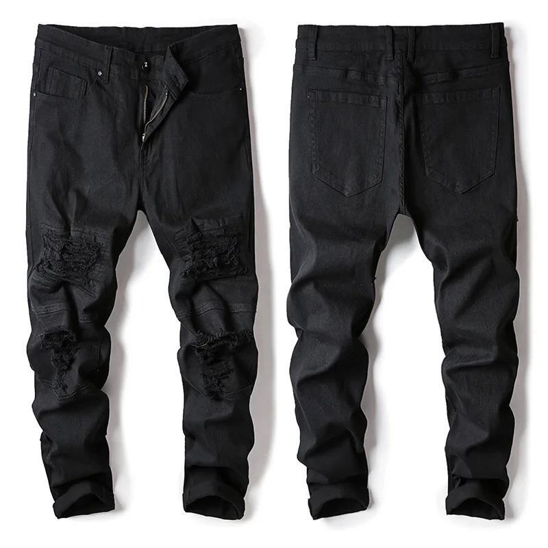

Streetwear Mens Denim Pants Casual Fashion Black Biker Jeans with Holes for Men Slim Fit Skinny Ripped Male Trousers Jean Homme
