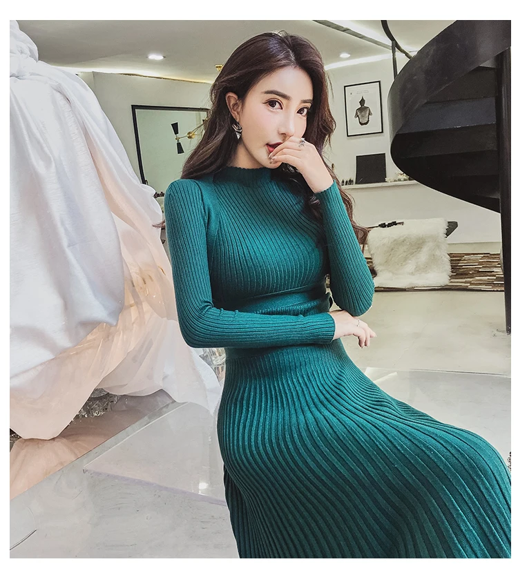 Women Slim Long Maxi Knitting Sweater Dress Autumn Winter Full Sleeve Pleated A-line Dress Big Swing Ladies Pullover Dresses