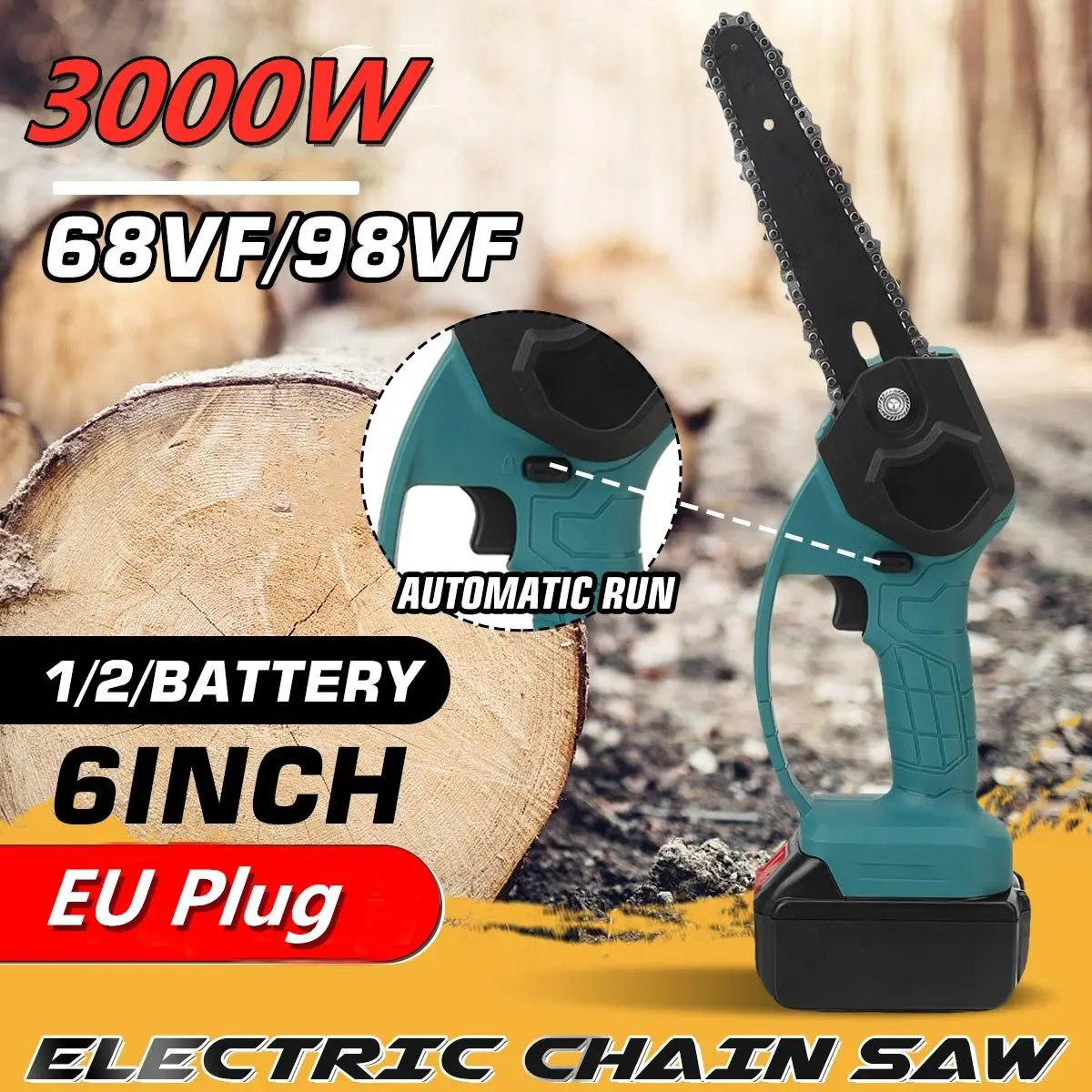 

3000W 6 inch Electric Chainsaw Mini Electric Chain Saw Cordless Electric Pruning Saw Portable Electric Saw 68V / 98V EU Plug