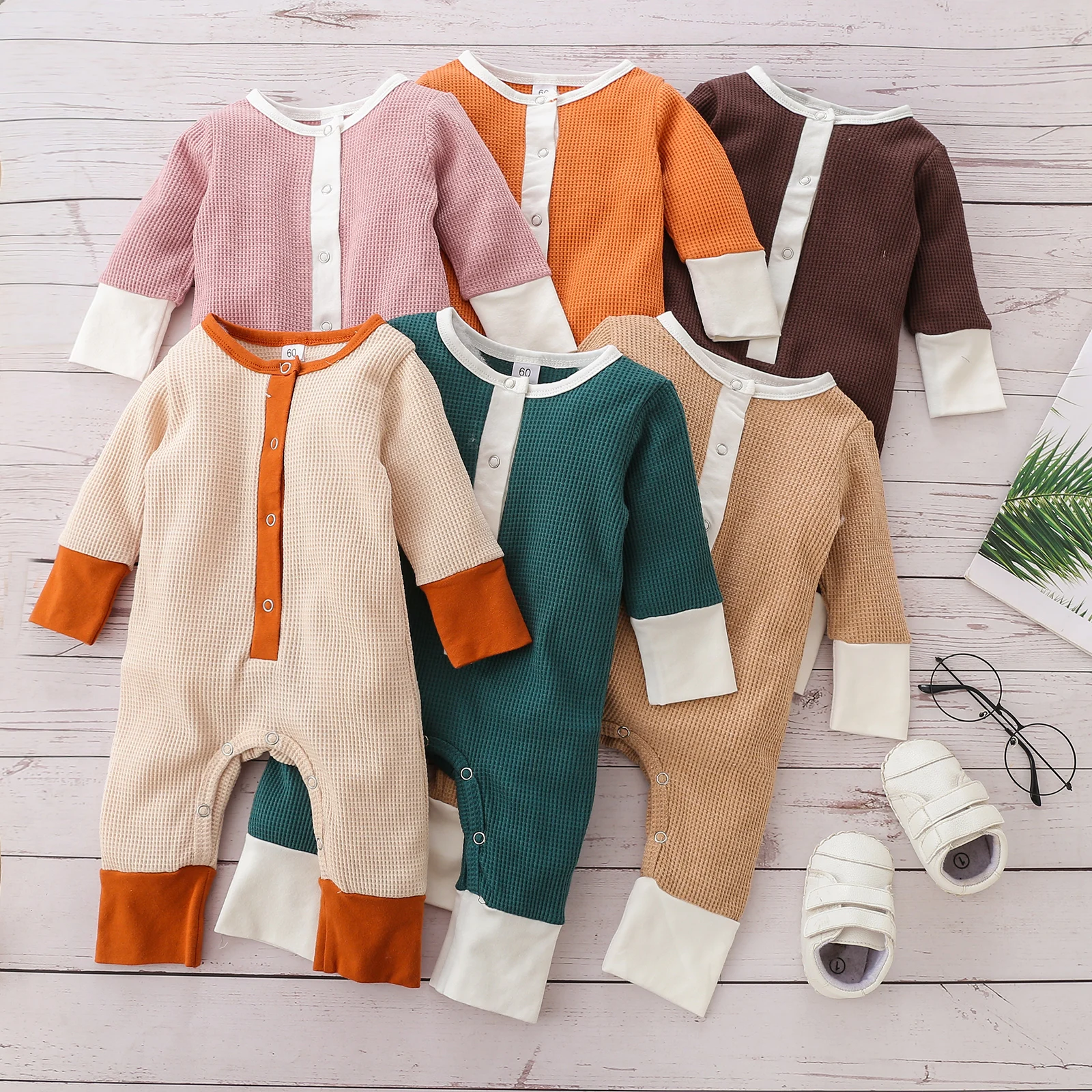 

Newborn Baby Girls Boys Cute Color Block Jumpsuit Baby Autumn Casual Style Long Sleeve Round Neck Romper Overalls