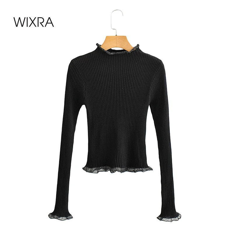 

Wixra Womens Sweaters Elegant Half Turtleneck Autumn Spring Patchwork Stretchy Thin Pullovers Tops Ladies Slim Fit Jumpers