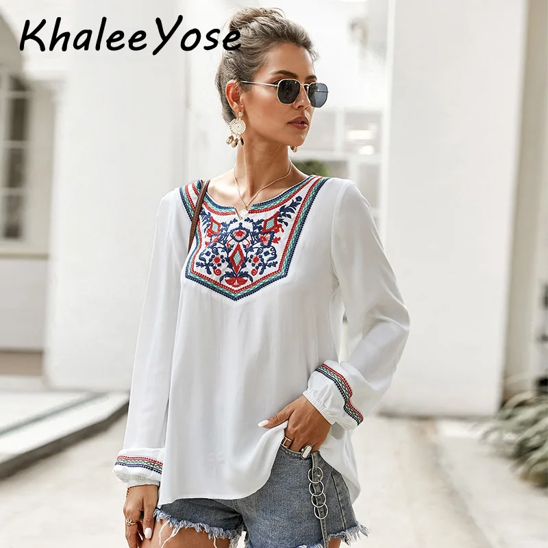 Женская блузка с цветочной вышивкой KHALEE YOSE белая винтажная длинным рукавом в