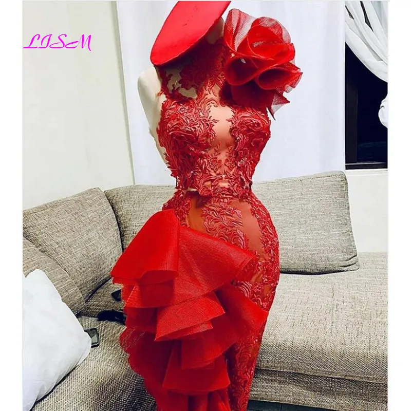 Купи Red Lace Sexy Knee Length Homecoming Dress One Shoulder 3D Flower Short Prom Gowns Tulle Ruffles Cocktail Dresses за 5,754 рублей в магазине AliExpress