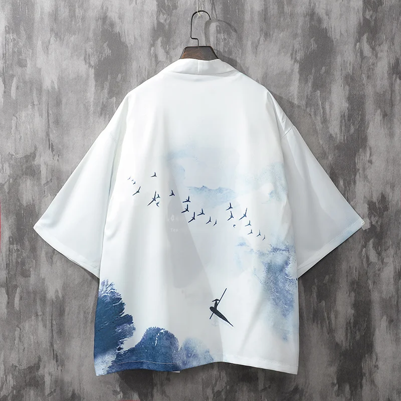 

Japanese Style Cardigan Top for Men Summer Ice Silk Thin Ink Painting Print Long Sleeve Loose Haori Coat Sun Protection Clothing