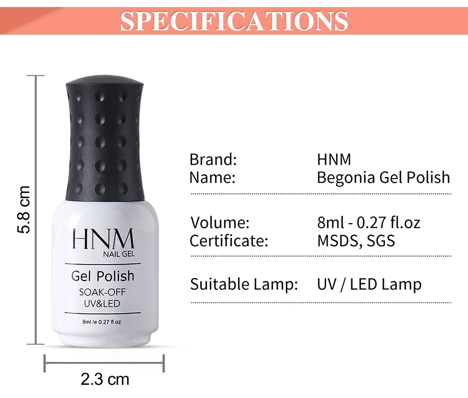 HNM 8 мл Бегония серия цветной УФ-гель для ногтей Narl Art Soak Off Гибридный лак светодиодный полуперманентный лак