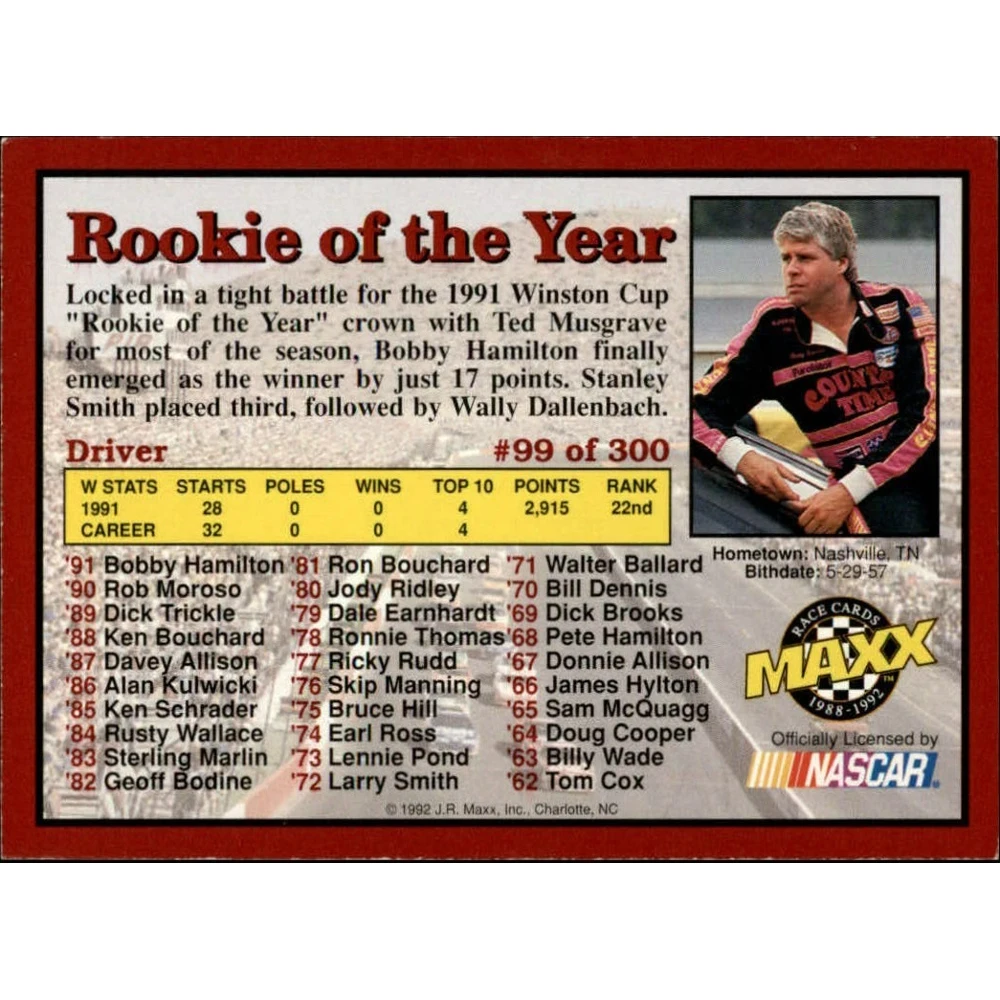 Maxx 1992 Коллекционная карточка Nascar №99 Bobby Hamilton (Rookie of the 1991 year) | Game Collection Cards
