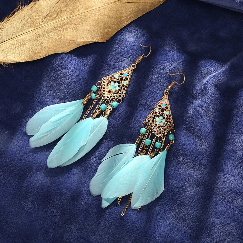 

Feather Earrings Boho Style Creative Small Flower Feather Tassel Earrings Retro Ethnic Jewelry