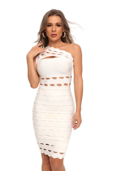 

CY New Summer One-Shoulder Hollow Out Jacquard Dress Sexy Bodycon Women Evening Party Mini White Wedding Elegant Costume