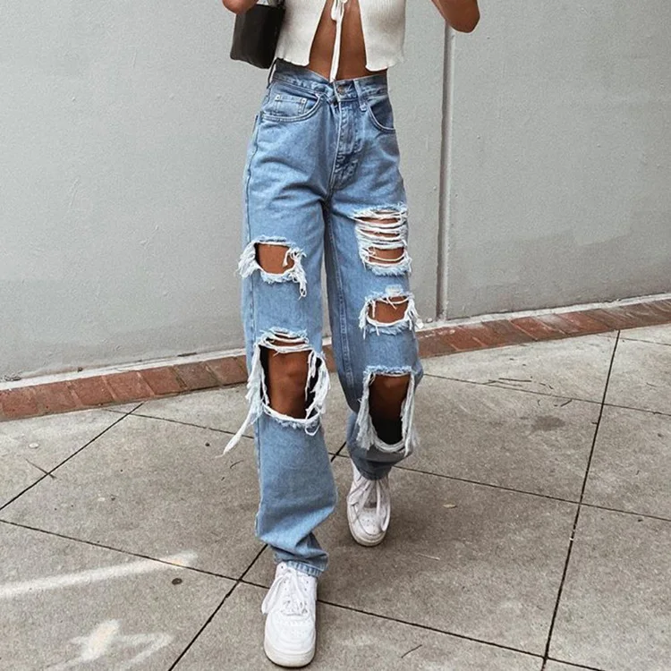 

Women's Hip Hop High Waisted Baggy Ripped Jeans Solid Color Loose Wide Leg Demin Trousers Y2K Boyfriend Harajuku Streetwear