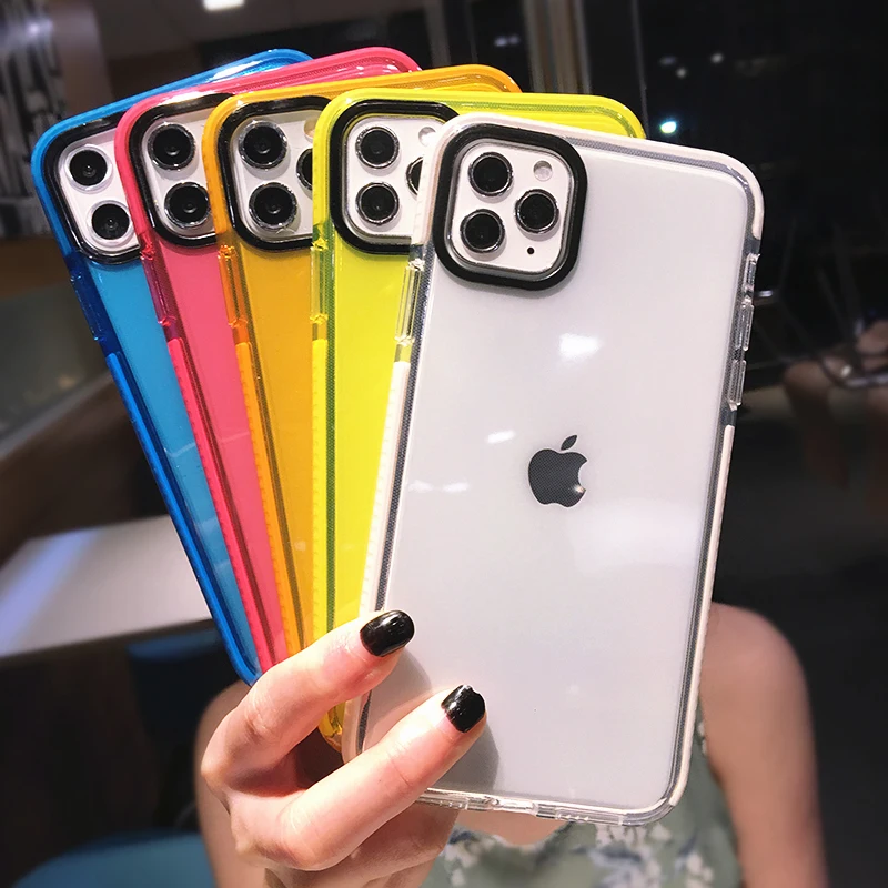 

Fluorescent Color Shockproof Phone Case For iPhone 13 Pro Max 12 Mini 11 X XS XR 7 8 Plus SE2020 Transparent Soft Silicone Cover