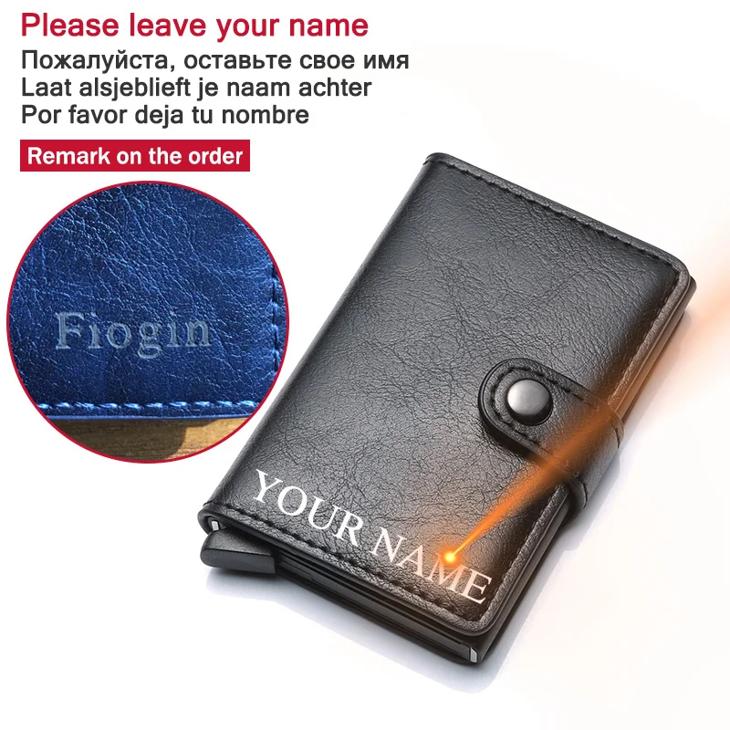 leave your name Мужской кредитный держатель для карт на застежке, RFID Блокировка, кожзам, металл, мужские кошельки, мини ID карта, алюминиевый кошелек, унисекс, держатель для карт, автоматический - Цвет: leave your name